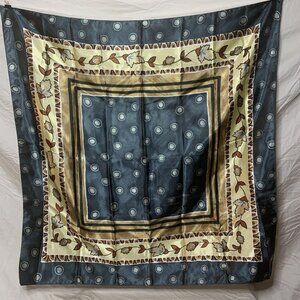 Large Square Satin Scarf  Head Neck Wrap Scarves Shawl Vine Blue & Cream 34”